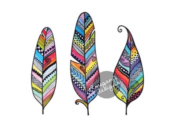 Set of 3 Feather Car Decals - Colorful Tribal Vinyl Feather Stickers Cute Car Decal Laptop Decal Hippie Boho Teal Pink Turquoise