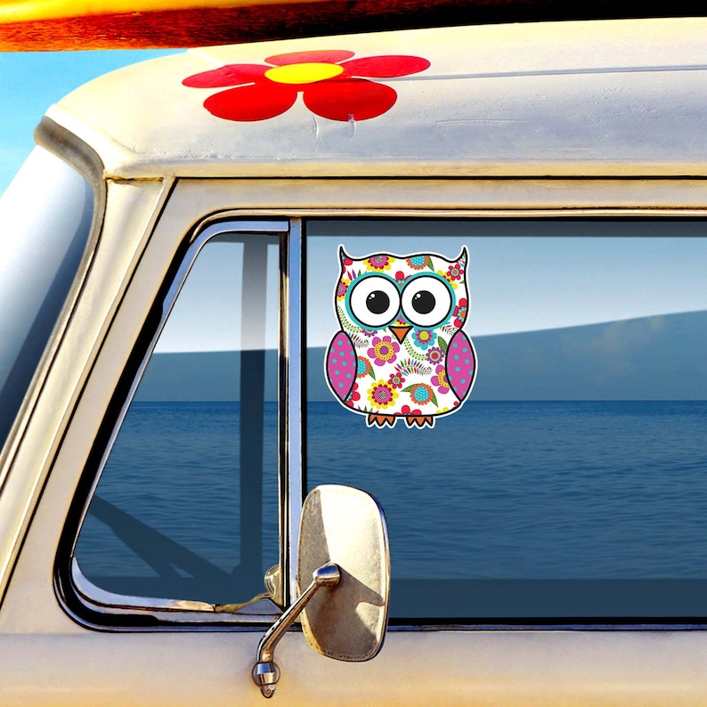 Colorful Floral Owl Car Decal Sticker: Cute Owl Bumper Sticker Laptop Decal Pink Yellow Blue Orange image 2