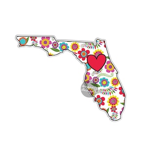Floral Florida State Decal - Colorful Flower FL Bumper Sticker Red Heart Cute State Laptop Decal Pink Green Yellow Blue