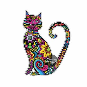 Cat Sticker Car Decal Laptop Decal Bumper Sticker Colorful Flowers Hippie Boho Cute Car Decal Pet Animal Kitten Floral Wall Decal Girly Art