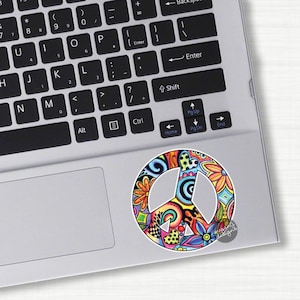 Small Hippie Peace Sign Sticker Colorful Flower Car Decal Peace Symbol Laptop Decal Vinyl Hippie Cute Car Sticker Watercolor Wall Decal Art