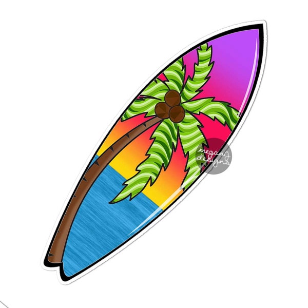 Sunset Surfboard Car Decal Colorful Bumper Sticker Beach Palm Tree Cute Car Decal Laptop Decal Wall Decal Waves Ocean Nautical Surfer