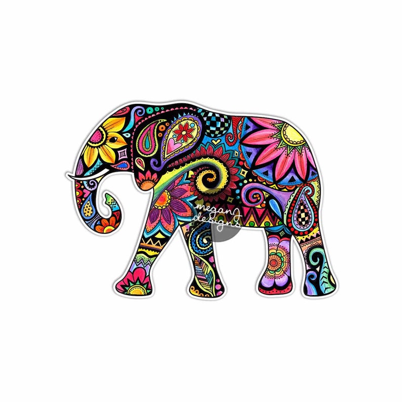 Elephant Car Decal Colorful Design Bumper Sticker Laptop Decal Pink Green Teal Yellow Jungle Flowers Cute Car Decal Hippie Boho Tribal 