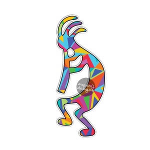 May include: A colorful geometric pattern fills the outline of a Kokopelli, a traditional Native American figure, with a stylized design. The figure is in a dancing pose with a headdress and a flute.