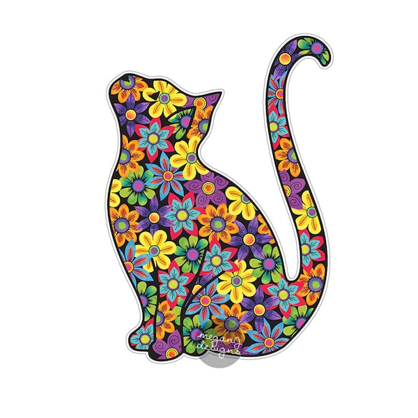 Cat Sticker Car Decal Laptop Decal Bumper Sticker Colorful Flowers Hippie Boho Cute Car Decal Pet Animal Kitten Floral Wall Decal Girly Gift