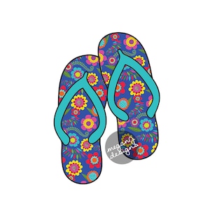 Blue Floral Flip Flops Car Decal - Colorful Flowers Flipflop Sandal Bumper Sticker Laptop Beach Decal Red Yellow Teal Turquoise Pink