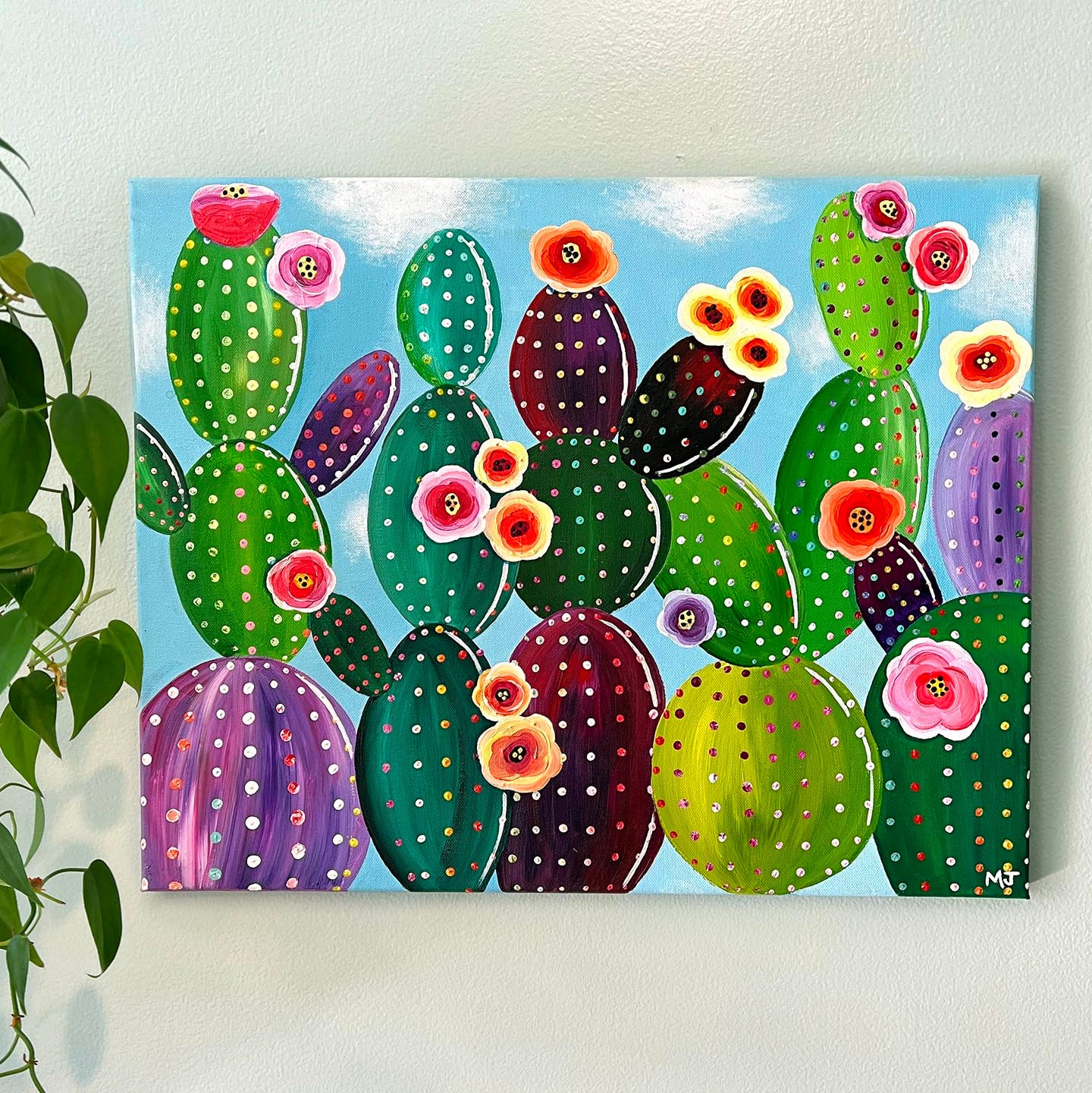 Original Cactus Acrylic Painting Colorful Cacti Flowers Desert Original Artwork Stretched Canvas 16x20 by MeganJDesigns Home Decor