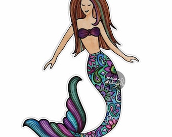 Etiqueta engomada del coche sirena - diseño colorido sirena etiqueta portátil coche playa náutica trullo púrpura lindo pared calcomanía pescado al mar sirena chica arte Shell