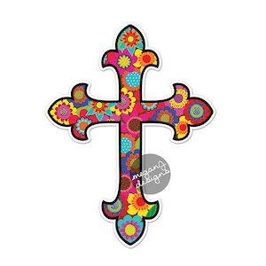 Cross-Auto Aufkleber - Pink Floral bunte Aufkleber Christian Laptop Aufkleber grün, blaugrün, gelbe, hübsch Auto Aufkleber Blumen Hippie Boho