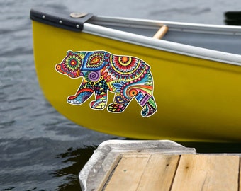 Large 16 Inch Bear Sticker Colorful Design Bumper Sticker Laptop Decal Car Decal Animal Grizzly Bear Art Hippie Boho Cute Canoe Boat Decal