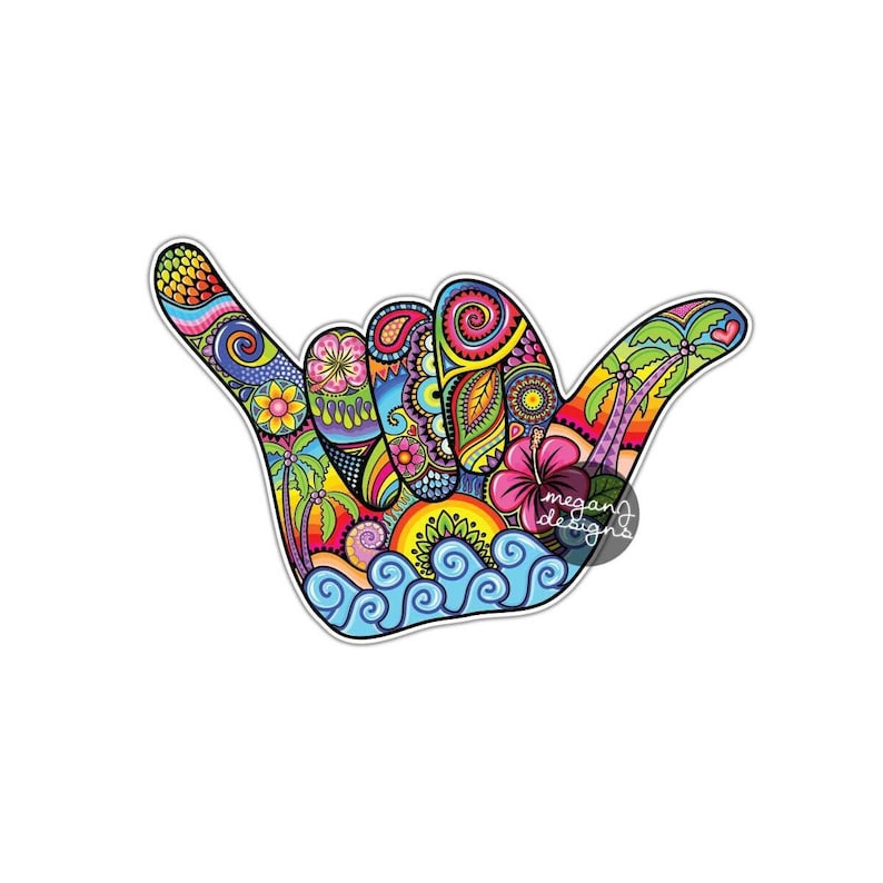 Colorful hand drawn hang loose sticker full of beach designs