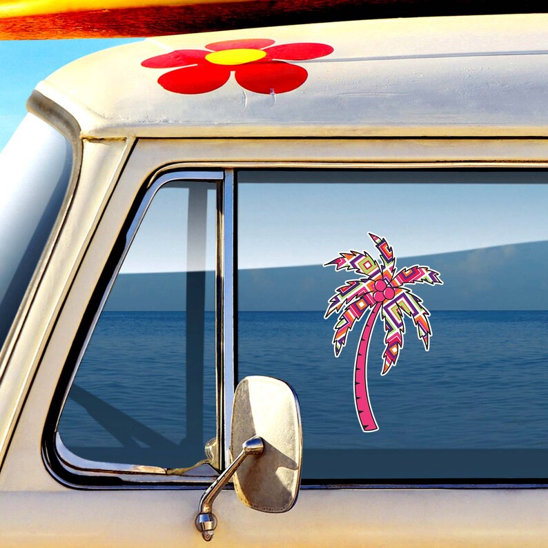 Colorful Geometric Squares Pattern Beach Bumper Sticker Vinyl Car Decal Cute Laptop Decal Orange Purple Green Hot Pink Palm Tree Decal