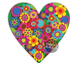 Brown Flower Heart Sticker - Colorful Floral Car Decal Laptop Decal Vinyl Bumper Sticker Hippie Love Wall Decal Cute Car Sticker Boho Art