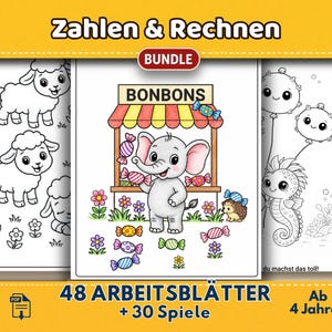 Puede incluir: Un conjunto de páginas de actividades infantiles titulado "Zahlen & Rechnen". Las páginas presentan ilustraciones de una tienda de caramelos con un elefante, ovejas y criaturas marinas. El texto incluye "48 Arbeitsblätter + 30 Spiele" y "Ab 4 Jahren".
