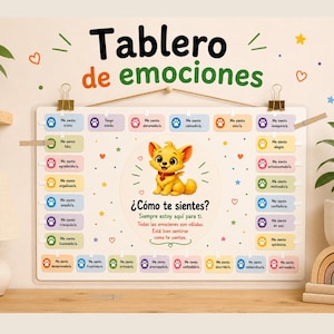 Könnte beinhalten: Eine rechteckige Gefühlstafel mit der Aufschrift Tablero de emociones und einer zentralen Illustration eines gelben Welpen. Die Tafel zeigt verschiedene spanische Emotionsbezeichnungen, umgeben von Pfotenabdrücken, bunten Sternen und Herzen.