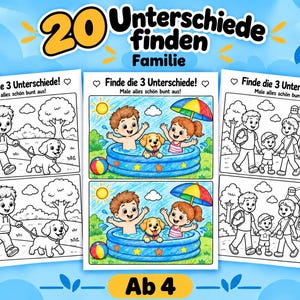 Könnte beinhalten: Ein Arbeitsblatt mit dem Titel 20 Unterschiede finden Familie mit drei Suchbildern. Die Abbildungen zeigen Strichzeichnungen eines Kindes mit Hund, eine farbige Szene von Kindern in einem Planschbecken und Strichzeichnungen einer Familie auf einem Jahrmarkt.