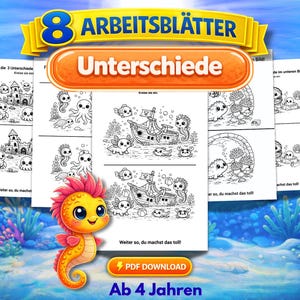 May include: An activity book for children, titled "8 Arbeitsblätter Unterschiede", with black and white illustrations of sea creatures. The book is aimed at children aged 4 and over, with a PDF download option available.