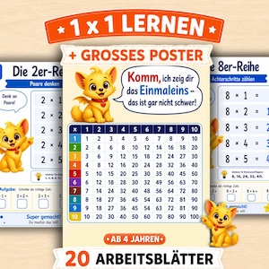 Puede incluir: Set educativo de tablas de multiplicar con un póster de aprendizaje 1x1 y 20 hojas de trabajo. Los materiales muestran un cachorro de dibujos animados, el texto 1 x 1 LERNEN, GROSSES POSTER, AB 4 JAHREN, 20 ARBEITSBLÄTTER y tablas matemáticas.