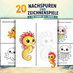 Könnte beinhalten: Ein Kinder-Aktivitätsbuch mit Illustrationen von Meeresbewohnern. Auf dem Cover steht "20 Nachspuren und Zeichenspiele für Kinder ab 4 Jahren." Im Inneren zeigen Seiten ein Seepferdchen, einen Oktopus und eine Qualle mit Zeichenaufforderungen.