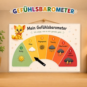 May include: A rectangular wall chart titled Mein Gefühlsbarometer featuring a colorful semi-circular scale with six numbered sections representing emotions from 1 to 6, illustrated with icons like a sun, clouds, and lightning, and a black arrow pointer.