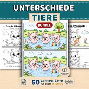 May include: A bundle of children's activity sheets with the German title "UNTERSCHIEDE TIERE" and the word "BUNDLE" in a red circle. The sheets feature illustrations of animals, including owls, pigs, and rabbits, with the text "Finde die 3 Unterschiede!" and "50 ARBEITSBLÄTTER FÜR KINDER AB 4 JAHREN".