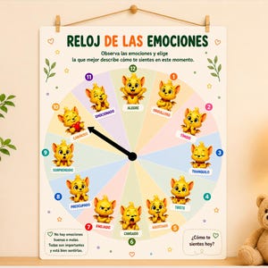 May include: A rectangular wall chart titled RELOJ DE LAS EMOCIONES featuring a colourful circular wheel with twelve segments. Each segment displays a yellow cartoon creature expressing a different emotion, labelled with Spanish text and numbered one to twelve.
