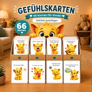 Może przedstawiać: Zestaw 66 kart emocji dla dzieci, z postacią z kreskówki lisa. Karty są wyświetlane w kartonowym pudełku, z różnymi ilustracjami i niemieckim tekstem. Górny baner głosi "GEFÜHLSKARTEN".