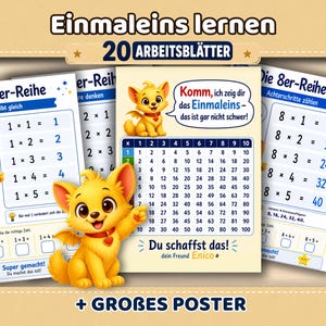 May include: Educational posters for learning multiplication tables, featuring a cartoon fox character. The posters display multiplication facts, with the text "Einmaleins lernen" and "20 Arbeitsblätter". Includes a large poster.