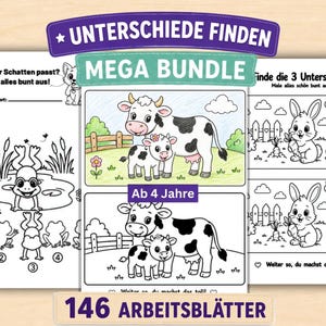 Könnte beinhalten: Eine Sammlung von Arbeitsblättern mit dem Titel UNTERSCHIEDE FINDEN MEGA BUNDLE mit schwarz-weißen Strichzeichnungen zum Ausmalen. Die Seiten enthalten ein Frosch-Schatten-Suchspiel, eine Kuh-mit-Kalb-Illustration und ein Hasen-Suchbild.