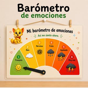 Op de afbeelding: Een rechthoekig wandbord met de titel Barómetro de emociones, voorzien van een halfronde meter met zes genummerde secties van groen tot rood. Het bevat een puppy, weerpictogrammen en een zwarte beweegbare pijl voor emotionele toestanden.