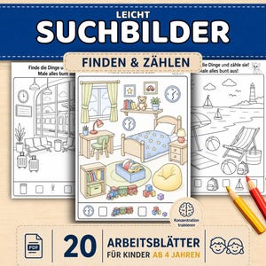 Può includere: Un set di 20 fogli di attività per bambini con giochi di ricerca e conteggio. I fogli presentano disegni a tratto di varie scene, tra cui una camera da letto, una spiaggia e una stazione ferroviaria. Il testo sulla copertina recita "LEICHT SUCHBILDER FINDEN & ZÄHLEN" e "FÜR KINDER AB 4 JAHREN".
