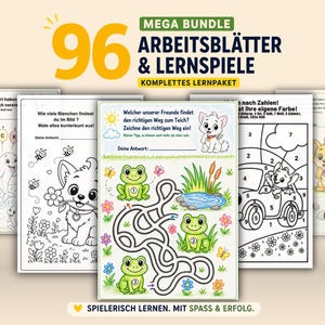 Könnte beinhalten: Eine Sammlung von 96 Arbeitsblättern und Lernspielen. Das Cover zeigt farbenfrohe Illustrationen von Tieren, Labyrinthen und Malvorlagen. Der Text enthält "MEGA BUNDLE" und "ARBEITSBLÄTTER & LERNSPIELE".