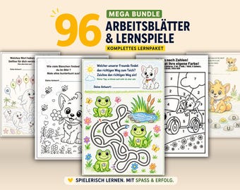 96 Arbeitsblätter Kinder ab 4 PDF, Mega Bundle Vorschule Kindergarten Lernspiele, Rätsel, Labyrinthe, ABC lernen & Zahlen lernen, mazes kids