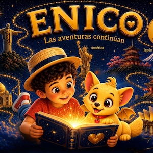 Könnte beinhalten: Ein Buchcover mit dem Titel ENICO Las aventuras continúan, das ein Kind mit Strohhut und ein kleines gelbes Wesen zeigt, die in einem leuchtenden Buch lesen. Der Hintergrund zeigt Wahrzeichen wie den Christus-Erlöser und den Berg Fuji.