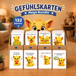 Könnte beinhalten: Ein Kartenset mit dem Titel "GEFÜHLSKARTEN Mega Bundle" mit 132 Karten. Jede Karte zeigt einen Cartoon-gelben Fuchs, der verschiedene Emotionen ausdrückt. Die Karten werden in einer braunen Pappschachtel präsentiert, mit einem großen Cartoon-Fuchs, der darüber hervorlugt.