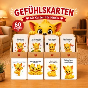 Może przedstawiać: Zestaw kart emocji dla dzieci z postacią z kreskówki lisa. Karty są wyświetlane w kartonowym pudełku i zawierają frazy takie jak "Kocham cię bardzo" i "Mój przyjaciel skłamał". Tekst "GEFÜHLSKARTEN" znajduje się na górze.