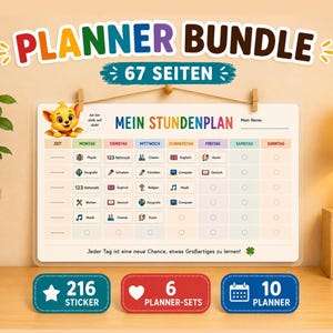 May include: A planner bundle featuring a weekly schedule chart titled MEIN STUNDENPLAN with colorful icons for school subjects, a cartoon cat, and text in German. Includes 67 pages, 216 stickers, 6 planner sets, and 10 planners in a digital format.