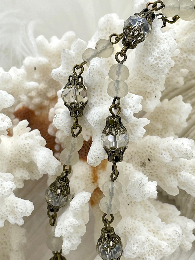 Mixed Crystal W/Decorative Caps Clear and Beige Rosary Chain, Round & Rondelle mix. Mixed 8mm and 6mm with Bronze pin, by the foot
