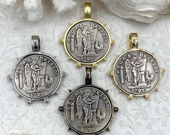 Reproduction French Regne De La Loi Coin Pendant, Coin Bezel, French coin, Art Deco Coin, Silver Coin, 4 bezel colors. Fast Ship