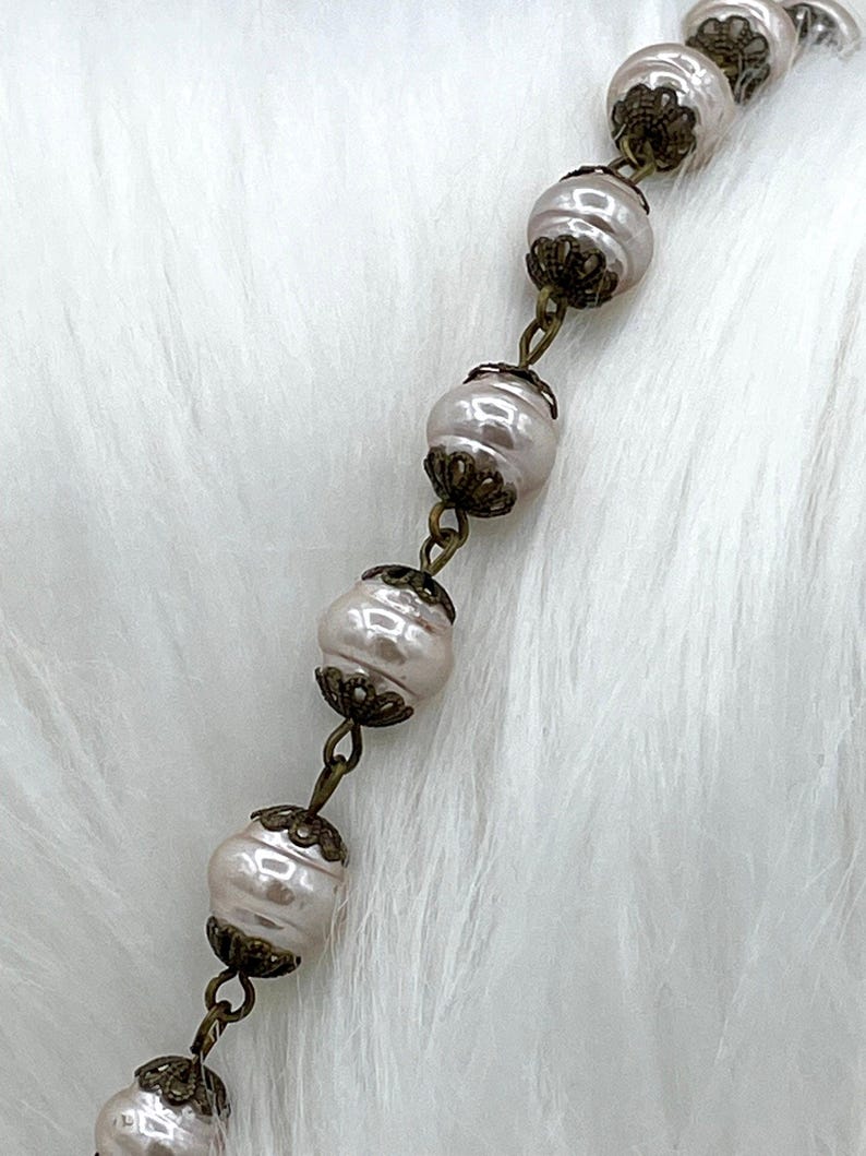 Vintage Porcelain Glass Pearl Freshwater Replica Beaded Chain,9mm Rosary Chain,White or Rose Dust.High Luster.Sold by the Foot Fast Shipping