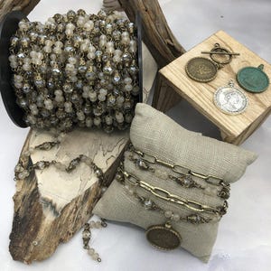 Mixed Crystal W/Decorative Caps Clear and Beige Rosary Chain, Round & Rondelle mix. Mixed 8mm and 6mm with Bronze pin, by the foot