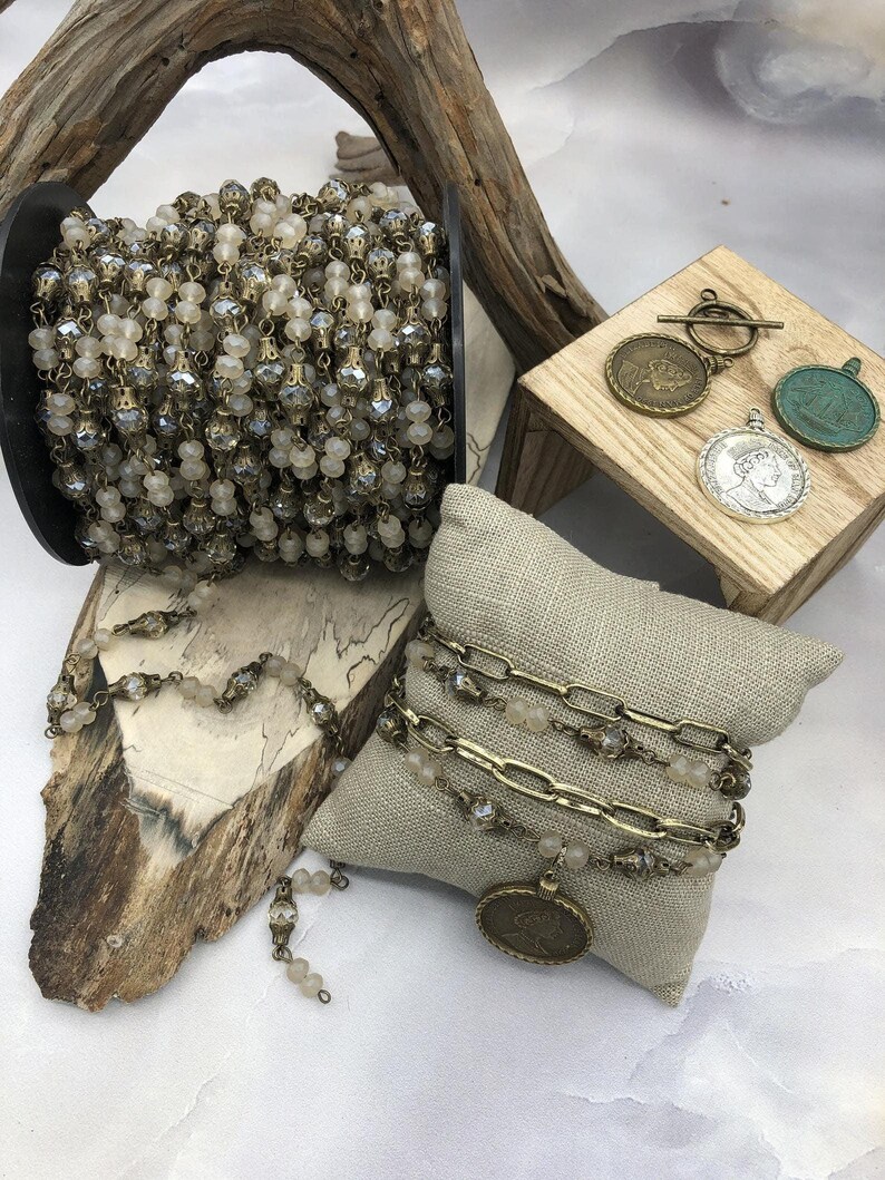 Mixed Crystal W/Decorative Caps Clear and Beige Rosary Chain, Round & Rondelle mix. Mixed 8mm and 6mm with Bronze pin, by the foot