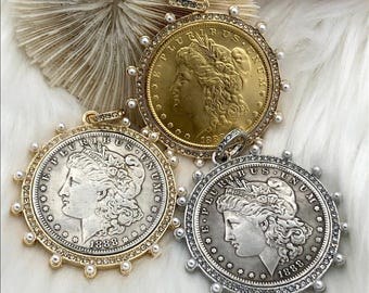 Reproduktion Morgan Dollar-hänge, CZ-pärlram, snabb leverans