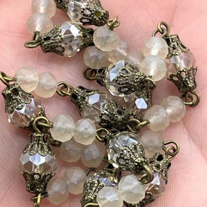 Mixed Crystal W/Decorative Caps Clear and Beige Rosary Chain, Round & Rondelle mix. Mixed 8mm and 6mm with Bronze pin, by the foot
