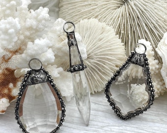 Burnished Silver Crystal Pendant, Soldered Charm, Elegant Jewelry