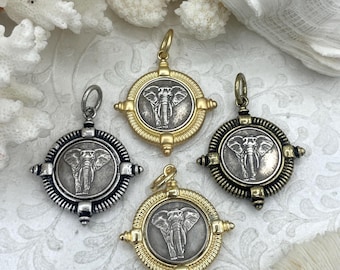 Elephant Coin Pendant, Plated Bezel, Animal Jewelry