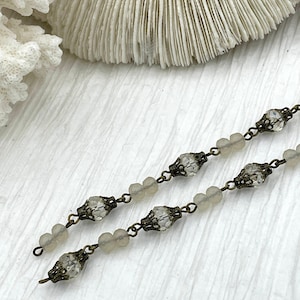 Mixed Crystal W/Decorative Caps Clear and Beige Rosary Chain, Round & Rondelle mix. Mixed 8mm and 6mm with Bronze pin, by the foot
