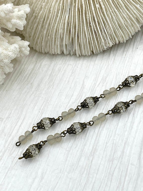 Crystal Rosary Chain, Clear Beige Beads, Bronze Wire, Jewelry Making By The Foot