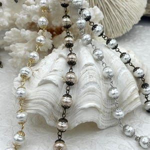 Vintage Porcelain Glass Pearl Freshwater Replica Beaded Chain,9mm Rosary Chain,White or Rose Dust.High Luster.Sold by the Foot Fast Shipping