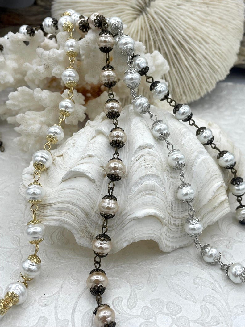 Vintage Porcelain Glass Pearl Freshwater Replica Beaded Chain,9mm Rosary Chain,White or Rose Dust.High Luster.Sold by the Foot Fast Shipping